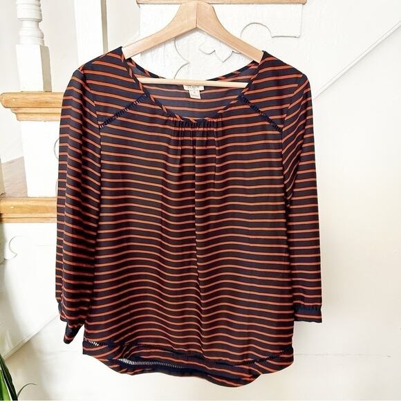 J.Crew Factory Blue Orange Stripe 3/4 Sleeve Round Neck Pullover Top Size S - Picture 1 of 6